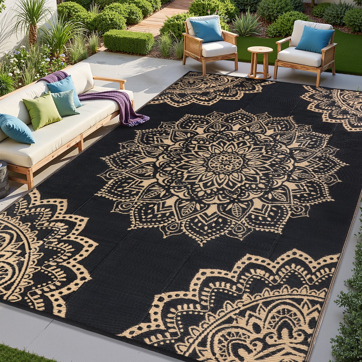 Findosom 9'x12' Outdoor Rug Large Patios Rug RV Outdoor Rug Waterproof Foldable Portable Camping Rugs Reversible Plastic Straw Rug Outdoor Area Rug for Camping,RV,Balcony,Patio,Picnic,Beach Black