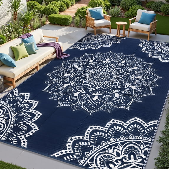 Findosom 9'x12' Outdoor Rug Large Patios Rug RV Outdoor Rug Waterproof Foldable Portable Camping Rugs Reversible Plastic Straw Rug Outdoor Area Rug for Camping,RV,Balcony,Patio,Picnic,Beach Blue