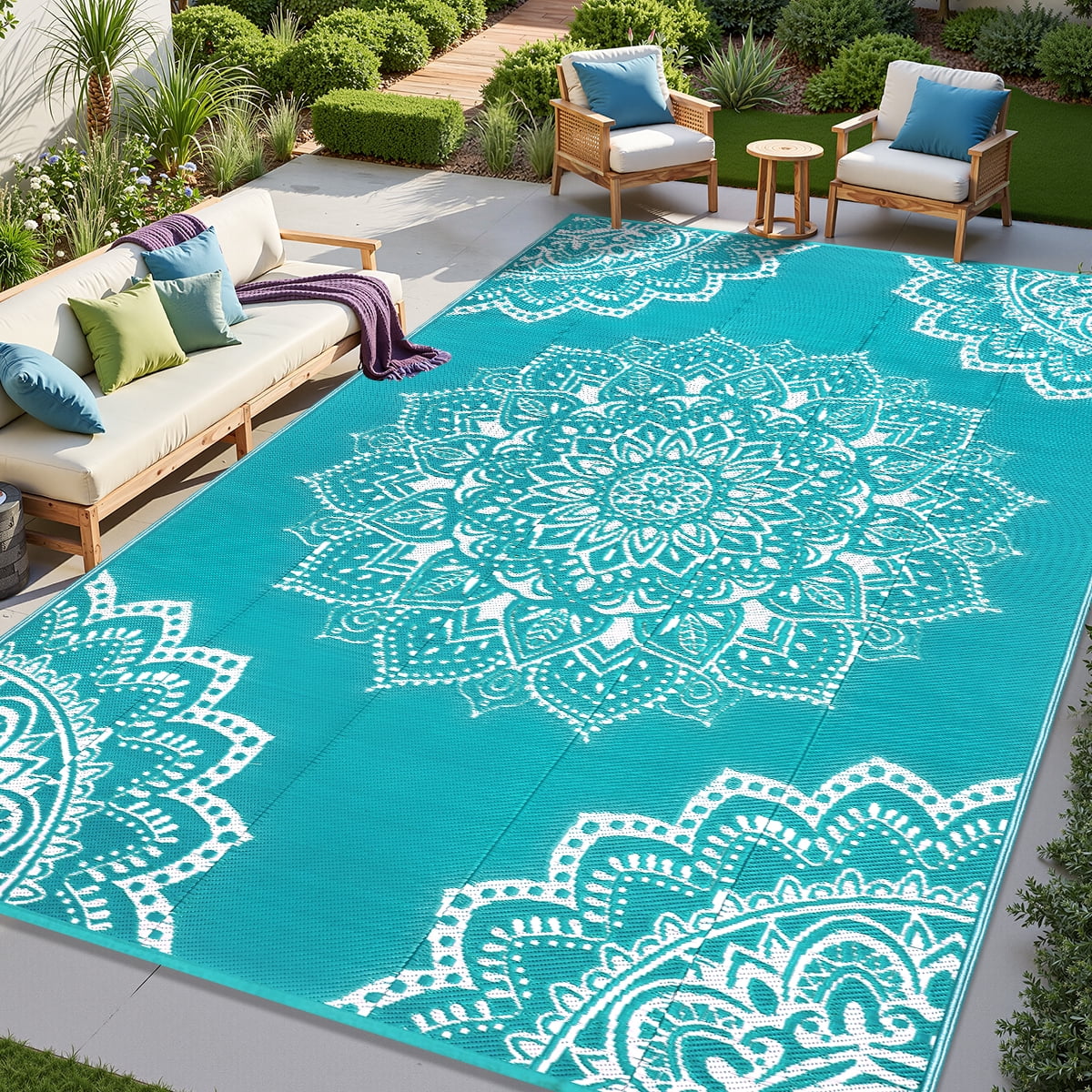 Findosom 9'x12' Outdoor Rugs Large Patios RV Outdoor Rug Reversible Waterproof Camping Rugs Portable Plastic Straw Outdoor Area Rug for Camping, RV, Balcony, Patio, Picnic,Teal