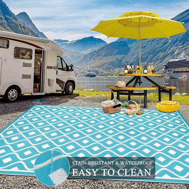 Findosom 9'x12' Teal Large Outdoor Mat RV Outdoor Rug Reversible