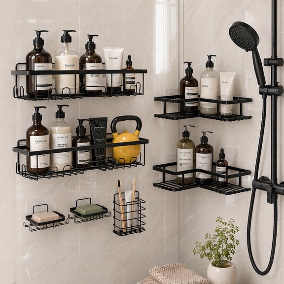 Findosom Adhesive Shower Caddy 7 Pack, Carbon Steel Bathroom Storage Organizer with 5 Rectangle Shelves and 2 Triangle Shelves, No Drill Wall Mounted Shower Shelf for Shampoo, Soap, Toiletries & Home
