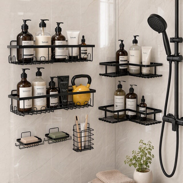 Findosom Adhesive Shower Caddy 7 Pack, Carbon Steel Bathroom Storage ...