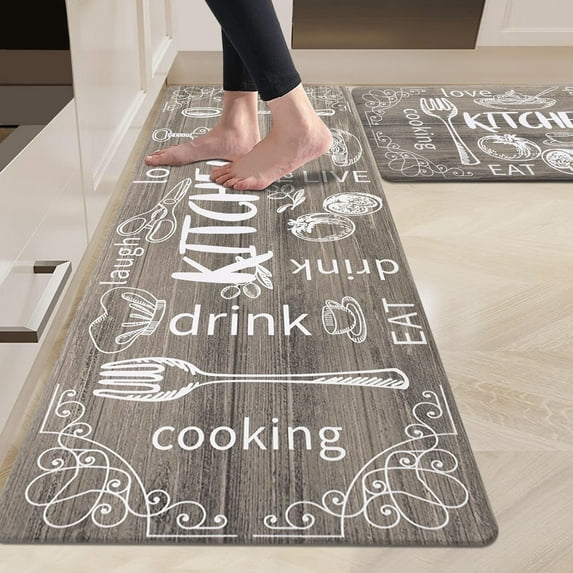 Findosom Anti Fatigue Kitchen Rug Floor Mats 2Piece Kitchen Runner Rug,Waterproof Non-slip 0.4" Thickness Cushioned Comfort Standing Mat Farmhouse Floor Carpet for Sink,Laundry,18"x30"+18"x47" Brown