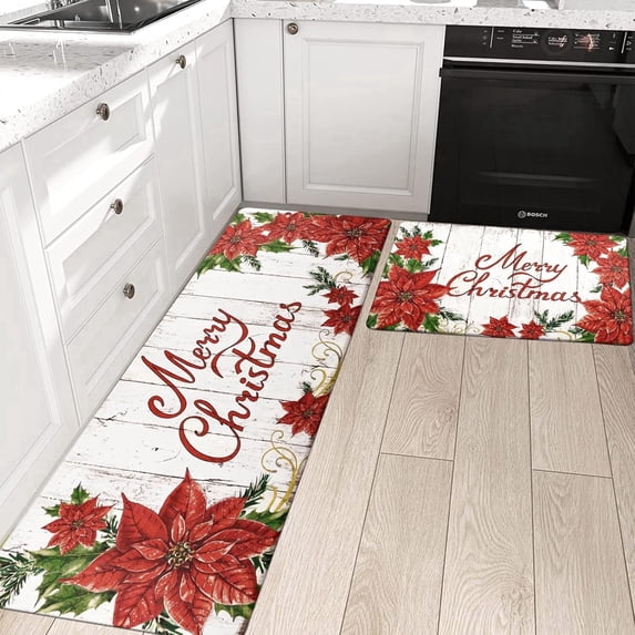 Findosom Christmas Flower Anti Fatigue Kitchen Rug Set 2pcs Floor Mats,Waterproof Non-slip 0.4" Thickness Cushioned Comfort Standing Mat Farmhouse Floor Carpet for Sink,Laundry,17"x28"+17"x48"