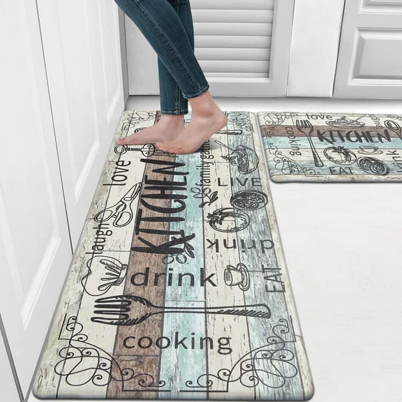 Findosom Anti Fatigue Kitchen Rug Mats Set of 2 Kitchen Runner Rug Waterproof Non-Slip 0.4" Thickness Comfort Standing Mat 18"x30" 18"x47" Wood