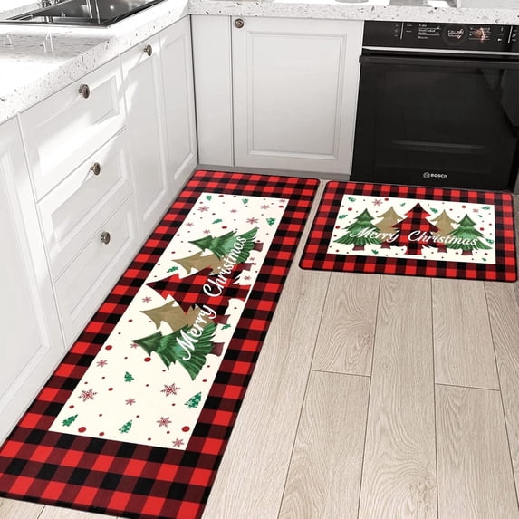 Findosom Christmas Tree Anti Fatigue Kitchen Rug Set 2pcs Floor Mats,Waterproof Non-slip 0.4" Thickness Cushioned Comfort Standing Mat Farmhouse Floor Carpet for Sink,Laundry, 17"x28+17"x48"