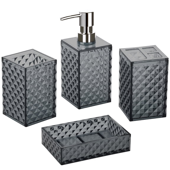 Findosom Bathroom Accessories Set 4 Piece, Plastic Bathroom Set with Soap Dispenser, Toothbrush Holder, Soap Dish & Tumbler Cup, Grid Pattern Bathroom Decor Set for Countertop Organization-Gray