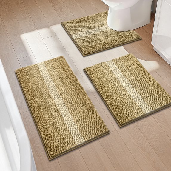 Findosom Bathroom Rugs Set of 3,Non Slip Thick Absorbent Chenille Bath Rugs with U Shape Contour,Machine Washable Quick Dry Soft Bath Mat for Tub Shower Bathroom Decor,20"x32"+20"x26"+U 20"x24" Khaki
