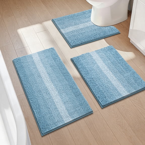 Findosom Bathroom Rugs Set of 3,Non Slip Thick Absorbent Chenille Bath Rugs with U Shape Contour,Machine Washable Quick Dry Soft Bath Mat for Tub Shower Bathroom Decor,20"x32"+20"x26"+U 20"x24" Blue