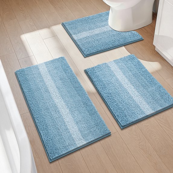 Findosom Bathroom Rugs Set of 3,Non Slip Thick Absorbent Chenille Bath Rugs with U Shape Contour,Machine Washable Quick Dry Soft Bath Mat for Tub Shower Bathroom Decor,20"x32"+20"x26"+U 20"x24" Blue
