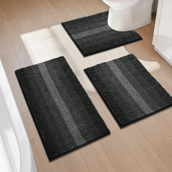Findosom Bathroom Rugs Set of 3,Non Slip Thick Absorbent Chenille Bath Rugs with U Shape Contour,Machine Washable Quick Dry Soft Bath Mat for Tub Shower Bathroom Decor,20"x32"+20"x26"+U 20"x24" Black