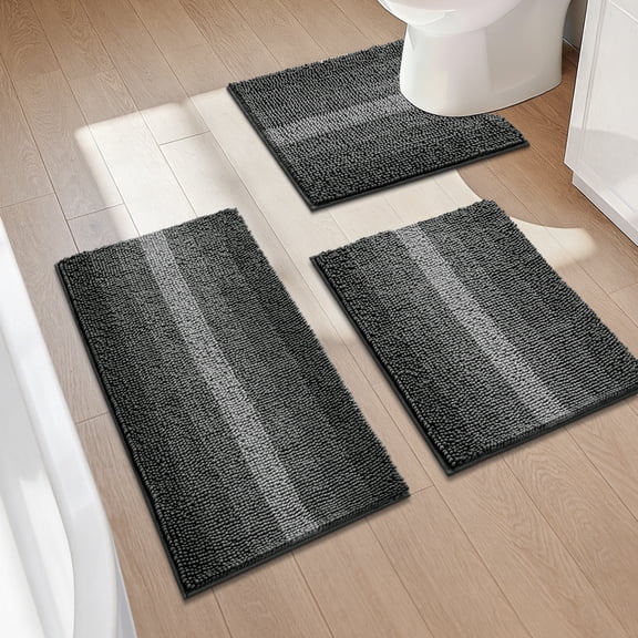Findosom Bathroom Rugs Set of 3,Non Slip Thick Absorbent Chenille Bath Rugs with U Shape Contour,Machine Washable Quick Dry Soft Bath Mat for Tub Shower Bathroom Decor,20"x32"+20"x26"+U 20"x24" Gray