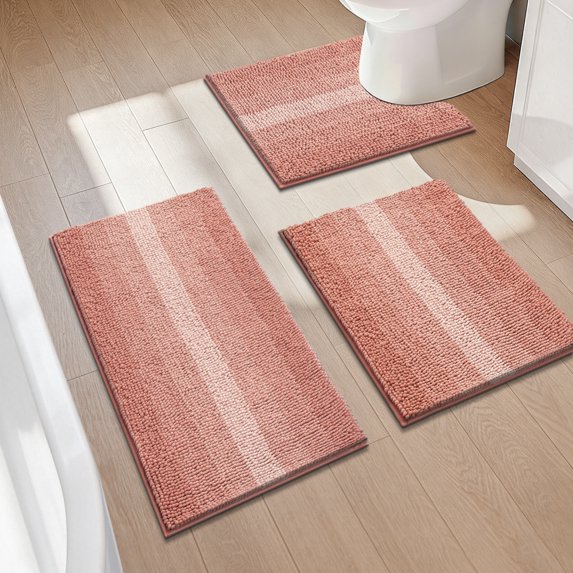 Findosom Bathroom Rugs Set of 3,Non Slip Thick Absorbent Chenille Bath Rugs with U Shape Contour,Machine Washable Quick Dry Soft Bath Mat for Tub Shower Bathroom Decor,20"x32"+20"x26"+U 20"x24" Pink