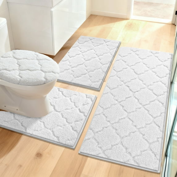 Findosom Bathroom Rugs Sets 4 Pcs with Toilet Lid Cover,U-Shaped Contour Toilet Mat,Non-Slip Machine Washable Absorbentb Rugs and Mats for Bathroom Floor Mats Microfiber Shaggy Bath Rug,White