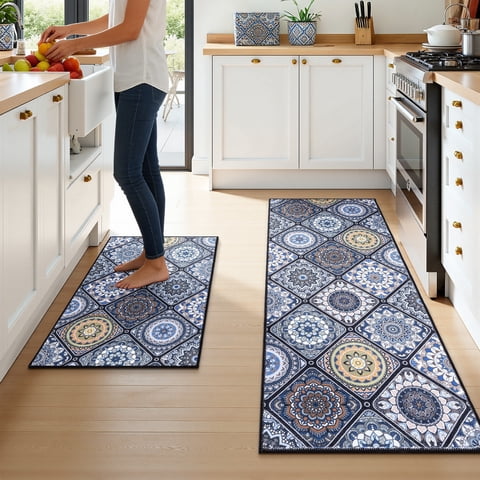 Findosom 2pc Boho Kitchen Rugs and Mats Set, Non Slip Washable Kitchen Runner Rug for Kitchen Floor, Farmhouse Kitchen Decor, Hallway, Entryway, Laundry Room,20"x32"+20"x47" Blue