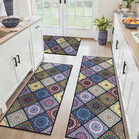Findosom 3pc Boho Kitchen Rugs and Mats Set, Non Slip Washable Kitchen Runner Rug for Kitchen Floor, Farmhouse Kitchen Decor, Hallway, Entryway, Laundry Room,20"x32"+20"x47"+20"x59" Colorful