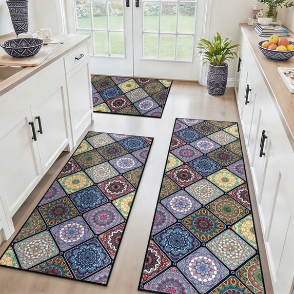 Findosom 3pc Boho Kitchen Rugs and Mats Set, Non Slip Washable Kitchen Runner Rug for Kitchen Floor, Farmhouse Kitchen Decor, Hallway, Entryway, Laundry Room,20"x32"+20"x47"+20"x59" Colorful