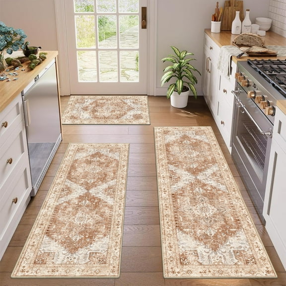 Findosom Boho Kitchen Rugs 3Piece Set,Non-slip Washable Kitchen Mats for Floor Kitchen Runner,Soft Belgian Velvet Floor Mat Carpet Runner Rugs for Hallway,Laundry Room,Kitchen Door Mat,Orange