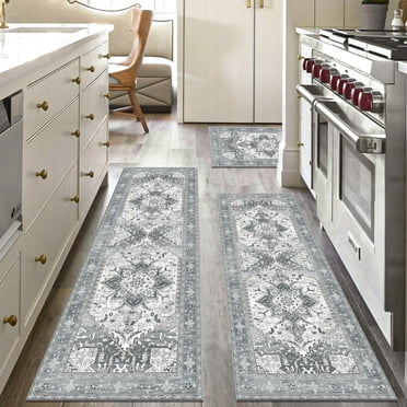 Findosom Boho Kitchen Rugs 3Piece Set,Non-slip Washable Kitchen Mats for Floor Kitchen Runner,Soft Belgian Velvet Floor Mat Carpet Runner Rugs for Hallway,Laundry Room,Kitchen Door Mat,Gray
