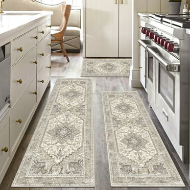 Findosom Boho Kitchen Rugs 3Piece Set,Non-slip Washable Kitchen Mats for Floor Kitchen Runner,Soft Belgian Velvet Floor Mat Carpet Runner Rugs for Hallway,Laundry Room,Kitchen Door Mat,Beige