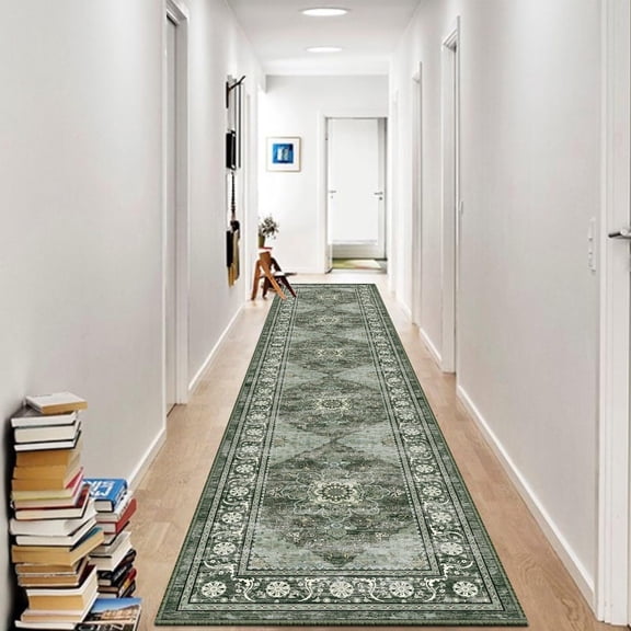 Findosom 2'x10' Runner Rugs for Hallway Machine Washable Runners Rug,Vintage Runner Rug Non Slip Kitchen Runner Rug Medallion Carpet Runner for Bedroom Laundry Entrance,Green