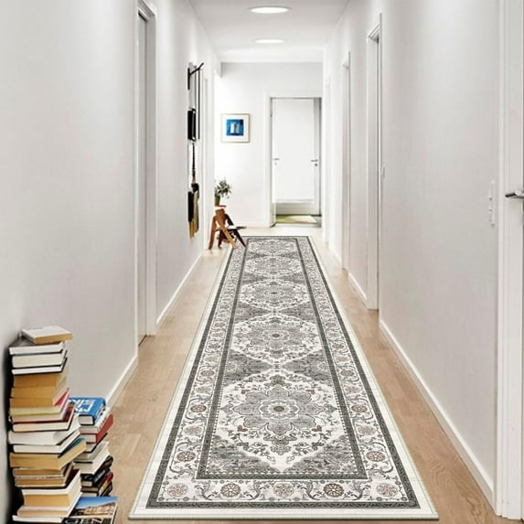 Findosom 2'x10' Runner Rugs for Hallway Machine Washable Runners Rug,Vintage Runner Rug Non Slip Kitchen Runner Rug Medallion Carpet Runner for Bedroom Laundry Entrance,Gray
