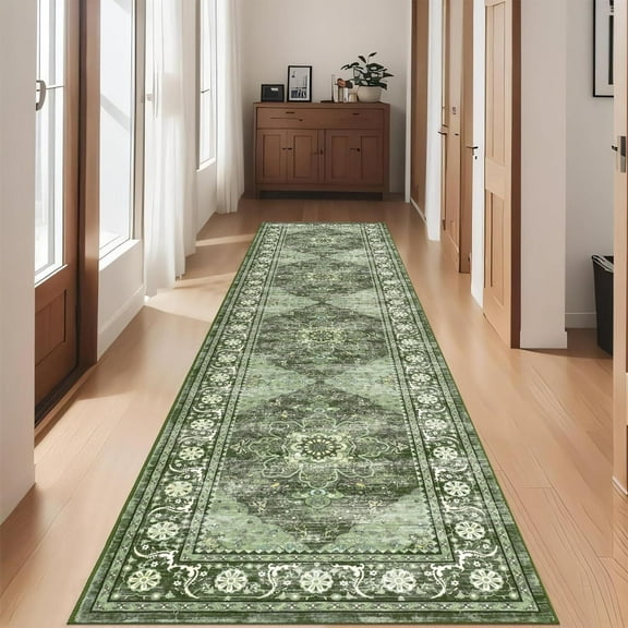 Findosom 2'x8' Runner Rugs for Hallway Machine Washable Runners Rug,Vintage Runner Rug Non Slip Kitchen Runner Rug Medallion Carpet Runner for Bedroom Laundry Entrance,Green