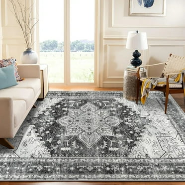 Findosom Boho Washable Area Rug,5x7 Living Room Bedroom Rug Floor Carpet with Non-slip Backing,Faux Wool Soft Stain Resistant Low Pile Distressed Accent Rug for Home Office Dining Room,Gray