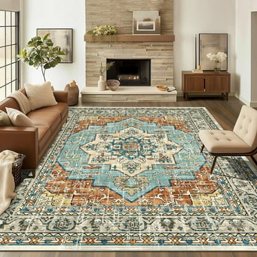 Findosom Retro Area Rugs 8'x10' Oriental Floor Carpet,Washable Non-Slip Soft Large Rugs for Living Room,Low Pile Indoor Rugs for Bedroom Dining Room Entryway Office Home Decor,Orange