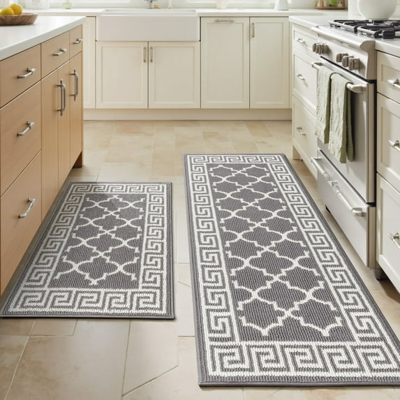 Findosom Kitchen Rugs Set 2 Piece, Non Slip Kitchen Floor Rugs with Rubber Backing,Machine Washable Geometric Absorbent Runner Rugs for Hallway Doormat,20"x32"+20"x48" Gray
