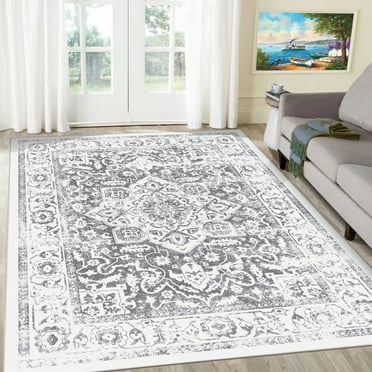 Findosom Floral Area Rugs Large Boho Living Room Floor Carpet Washable Rugs,5'x7' Soft Vintage Boho Rug Carpet for Bedroom,Non Slip Backing Distressed Accent Rug for Dining Room Entryway Dorm,Gray