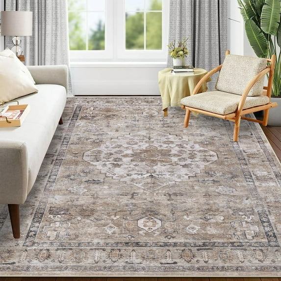 Findosom Floral Area Rugs Large Boho Living Room Floor Carpet Washable Rugs,5'x7' Soft Vintage Boho Rug Carpet for Bedroom,Non Slip Backing Distressed Accent Rug for Dining Room Entryway Dorm,Beige