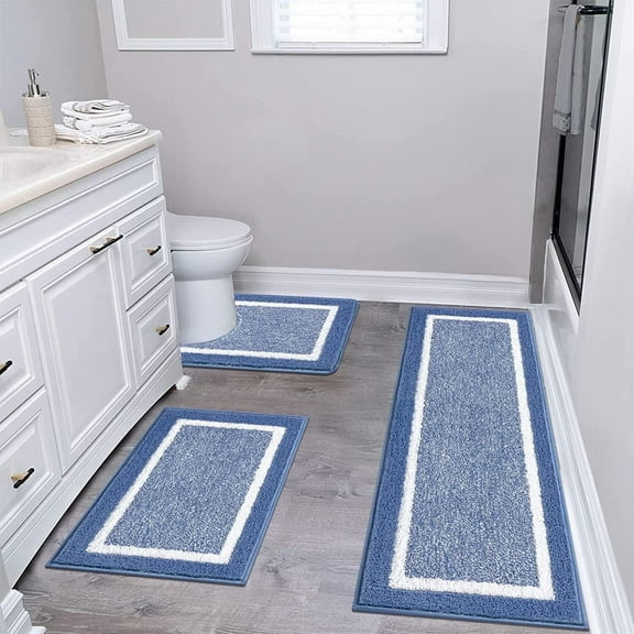 Findosom Geometric Blue Microfiber Bath Rugs, Water Absorbent, 3 Count
