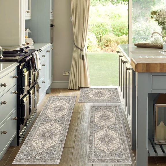 Findosom Kitchen Rug Sets of 3,Washable Non Slip Boho Kitchen Mats for Floor with Rubber Backing,Stain Resistant Floor Carpet for bathroom,living room,Kitchen,Hallway20"x32"+20"x47"+20"x59" Beige
