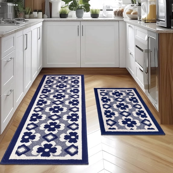 Findosom Kitchen Rug and Mat 2 Piece Set,20"x32"+20"x59" Washable Dirt Tripping Rugs for Sink,Blue