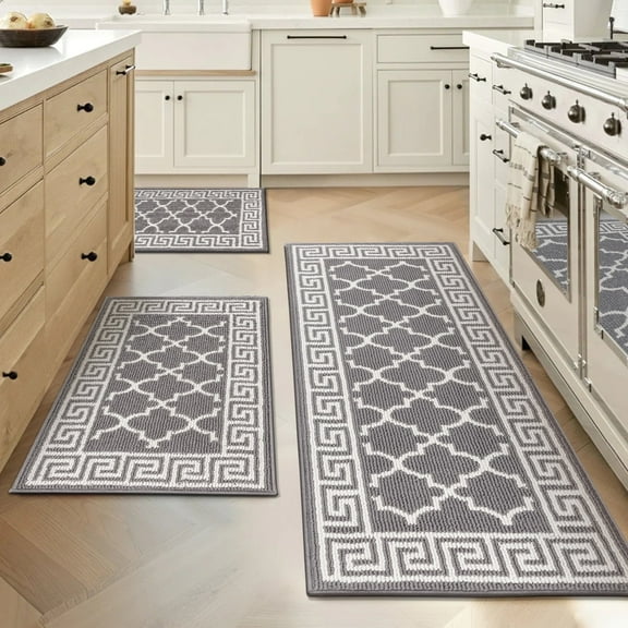 Findosom Kitchen Rugs Set 3 Piece, Non Slip Kitchen Floor Rugs with Rubber Backing,Machine Washable Geometric Absorbent Runner Rugs for Hallway Doormat,20"x32" 20"x32" 20"x48" Gray