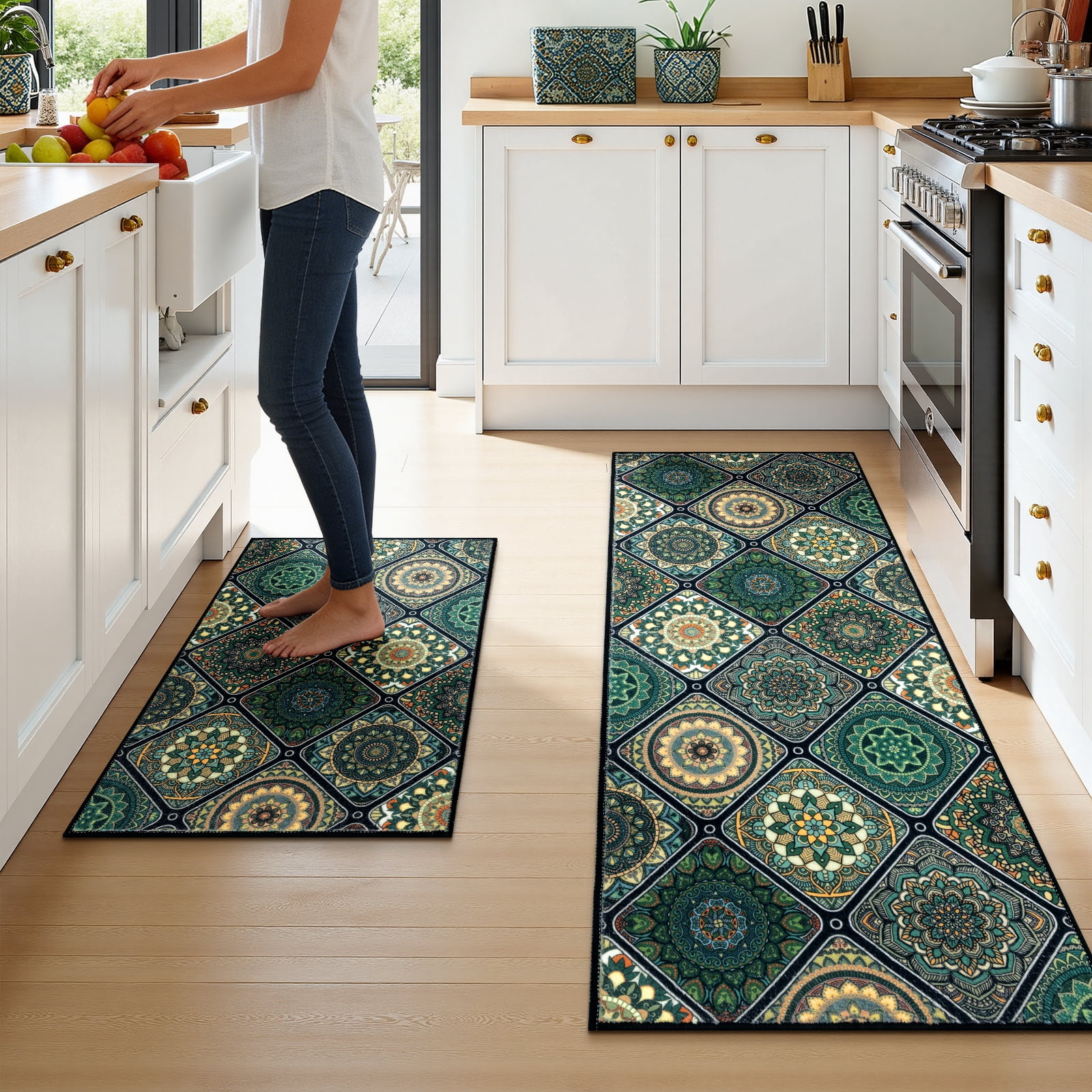 Findosom 2pc Boho Kitchen Rugs and Mats Set, Non Slip Washable Kitchen Runner Rug for Kitchen Floor, Farmhouse Kitchen Decor, Hallway, Entryway, Laundry Room,20"x32"+20"x47" Green