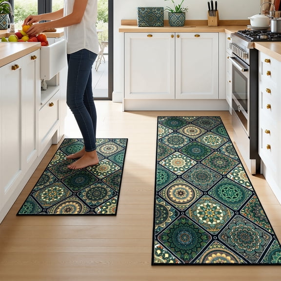 Findosom 2pc Boho Kitchen Rugs and Mats Set, Non Slip Washable Kitchen Runner Rug for Kitchen Floor, Farmhouse Kitchen Decor, Hallway, Entryway, Laundry Room,20"x32"+20"x47" Green