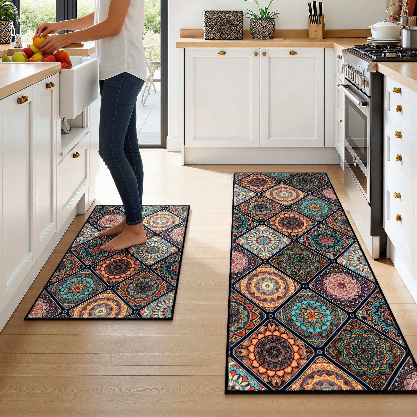 Findosom 2pc Boho Kitchen Rugs and Mats Set, Non Slip Washable Kitchen Runner Rug for Kitchen Floor, Farmhouse Kitchen Decor, Hallway, Entryway, Laundry Room,20"x32"+20"x47" Orange