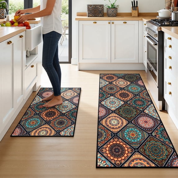 Findosom 2pc Boho Kitchen Rugs and Mats Set, Non Slip Washable Kitchen Runner Rug for Kitchen Floor, Farmhouse Kitchen Decor, Hallway, Entryway, Laundry Room,20"x32"+20"x47" Orange