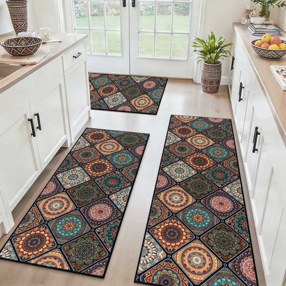 Findosom 3pc Boho Kitchen Rugs and Mats Set, Non Slip Washable Kitchen Runner Rug for Kitchen Floor, Farmhouse Kitchen Decor, Hallway, Entryway, Laundry Room,20"x32"+20"x47"+20"x59" Orange