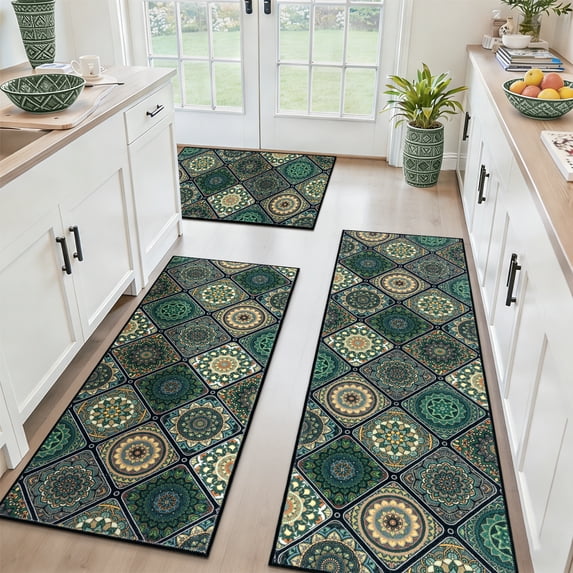 Findosom 3pc Boho Kitchen Rugs and Mats Set, Non Slip Washable Kitchen Runner Rug for Kitchen Floor, Farmhouse Kitchen Decor, Hallway, Entryway, Laundry Room,20"x32"+20"x47"+20"x59" Green