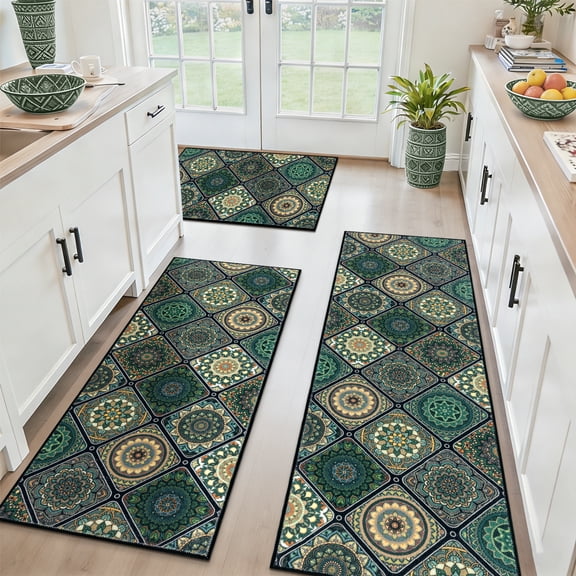 Findosom 3pc Boho Kitchen Rugs and Mats Set, Non Slip Washable Kitchen Runner Rug for Kitchen Floor, Farmhouse Kitchen Decor, Hallway, Entryway, Laundry Room,20"x32"+20"x47"+20"x59" Green