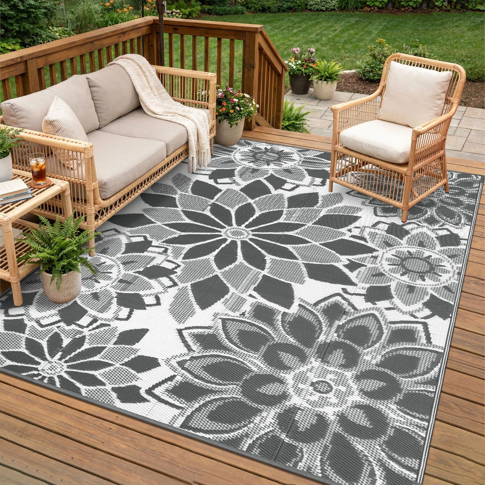 Findosom Outdoor Rug 5'x8' Reversible Waterproof Outdoor Patio Rug Mat Plastic Straw Rug Outdoor Area Rug Patio Camping Rug for RV Picnic Balcony Backyard Beach Outdoor Decor,Gray