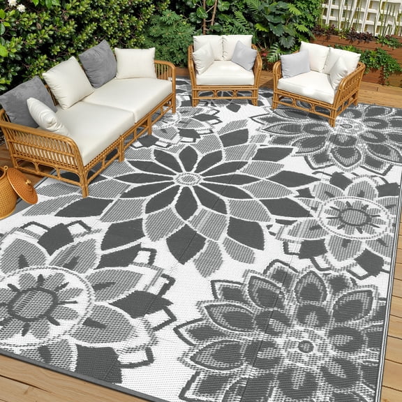 Findosom Outdoor Rug 8'x10' Reversible Waterproof Outdoor Patio Rug Mat Plastic Straw Rug Outdoor Area Rug Patio Camping Rug for RV Picnic Balcony Backyard Beach Outdoor Decor,Gray