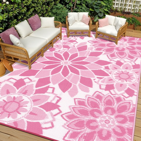Findosom Outdoor Rug 8'x10' Reversible Waterproof Outdoor Patio Rug Mat Plastic Straw Rug Outdoor Area Rug Patio Camping Rug for RV Picnic Balcony Backyard Beach Outdoor Decor,Pink