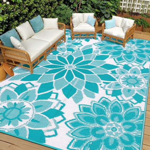 Findosom Outdoor Rug 8'x10' Reversible Waterproof Outdoor Patio Rug Mat Plastic Straw Rug Outdoor Area Rug Patio Camping Rug for RV Picnic Balcony Backyard Beach Outdoor Decor,Teal