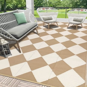 Findosom Outdoor Rug Waterproof 5'x8' Patio Rugs Foldable Reversible Camping Mat for RV,Deck,Porch,icnic,Beach,Balcony,Beige & Brown