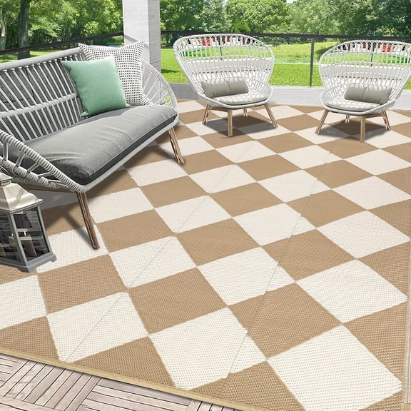 Findosom Outdoor Rug Waterproof 5'x8' Patio Rugs Foldable Reversible Camping Mat for RV,Deck,Porch,icnic,Beach,Balcony,Beige & Brown