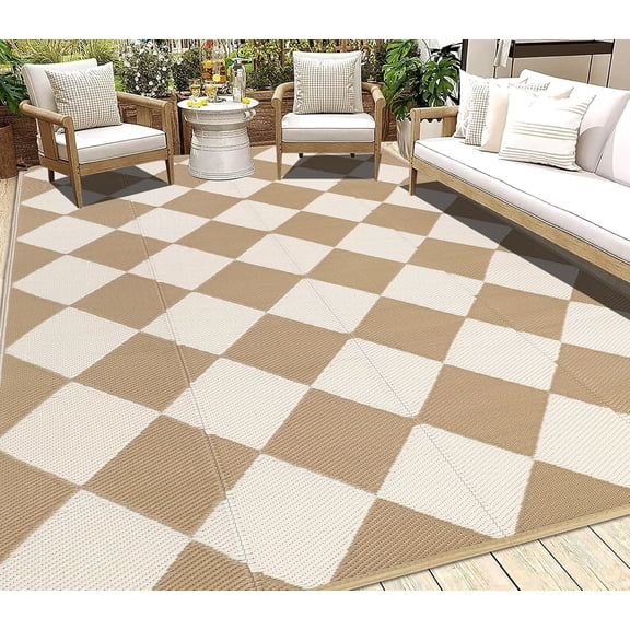 Findosom Outdoor Rug Waterproof 8'x10' Patio Rugs Foldable Reversible Camping Mat for RV,Deck,Porch,icnic,Beach,Balcony,Beige & Brown